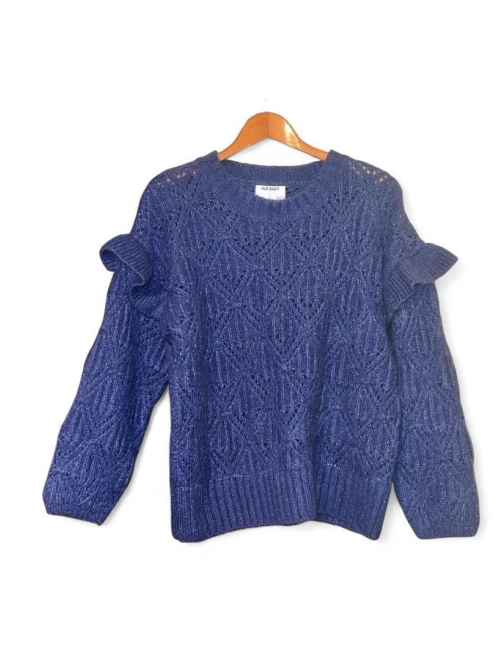 Old Navy Pointelle Sweater Ruffle Diamond Lace Weave Blue Heather Womens L Large